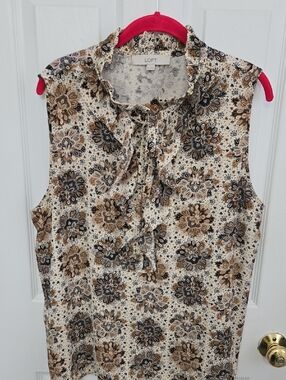 LOFT Floral Sleeveless Tie-Neck Top in Cream and Brown